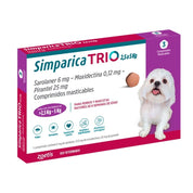 Caja de Simparica Trio 2,5 a 5 kg con 3 comprimidos masticables para tres meses, en perspectiva