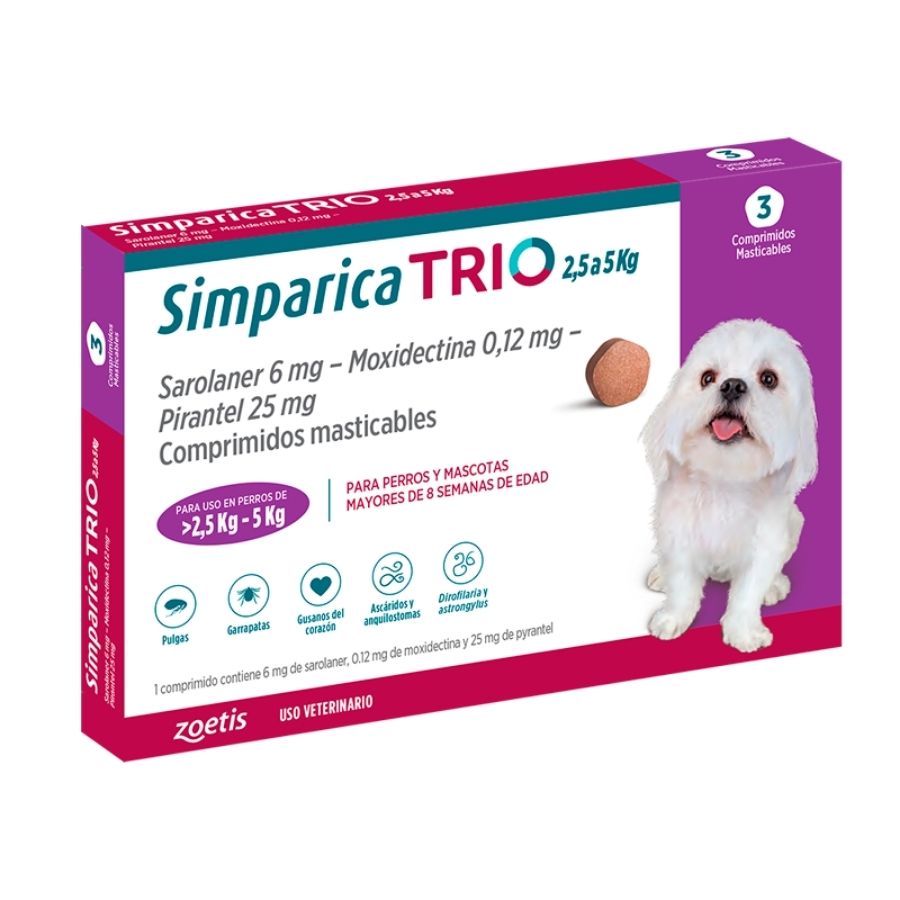 Caja de Simparica Trio 2,5 a 5 kg con 3 comprimidos masticables para tres meses, en perspectiva