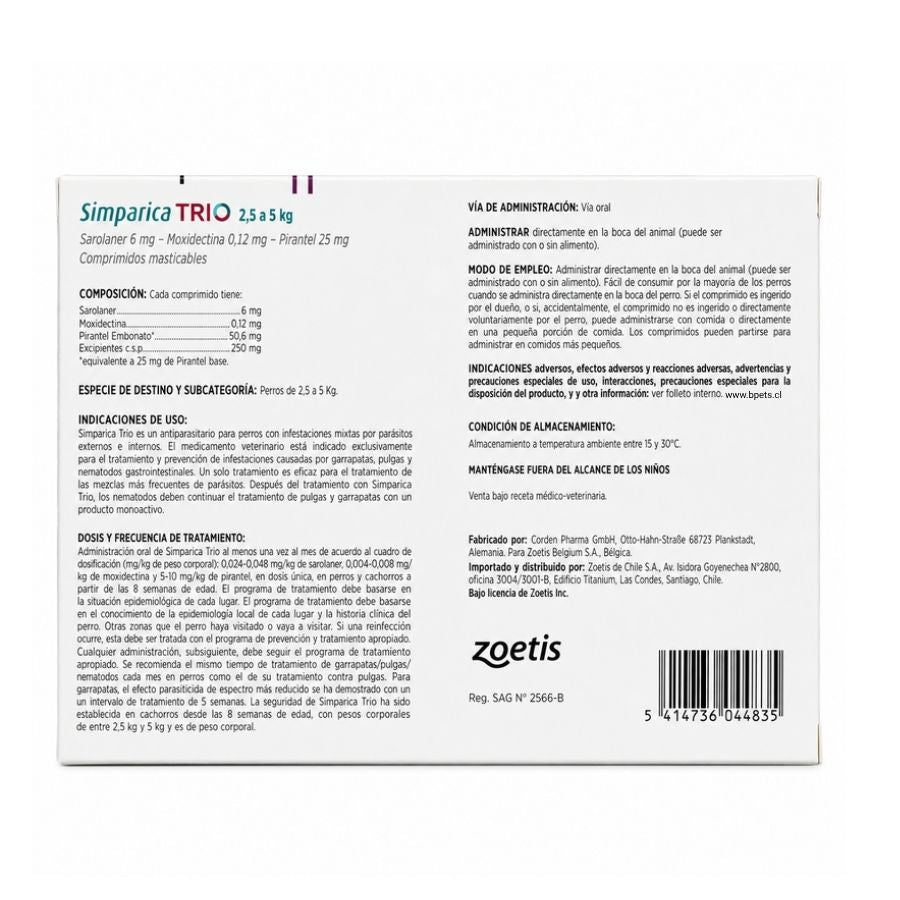 Reverso de Simparica Trio 2,5 a 5 kg 3 comprimidos con composición, indicaciones, dosis y Reg. SAG N° 2566-B