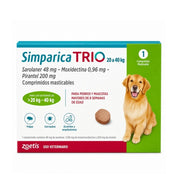 Simparica Trio 20 a 40 kg caja de 1 comprimido masticable para perros, vista frontal con golden retriever