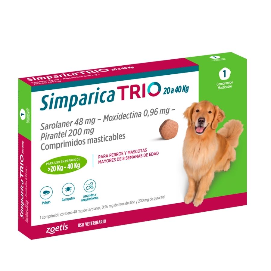Caja de Simparica Trio 20 a 40 kg con 1 comprimido de sarolaner 48 mg, moxidectina y pirantel, en perspectiva