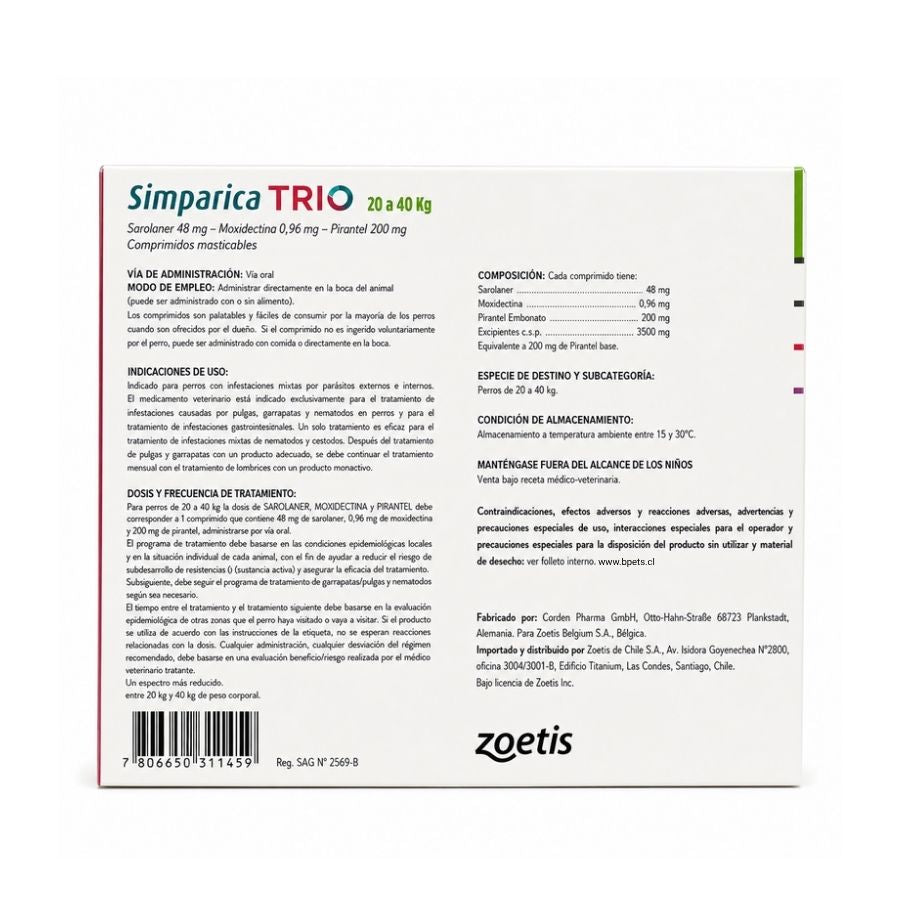 Reverso de Simparica Trio 20 a 40 kg 1 comprimido con composición, indicaciones, dosis y Reg. SAG N° 2569-B