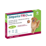 Caja de Simparica Trio 20 a 40 kg con 3 comprimidos masticables para tres meses, en perspectiva