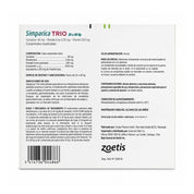 Reverso de Simparica Trio 20 a 40 kg 3 comprimidos con composición, indicaciones, dosis y Reg. SAG N° 2569-B