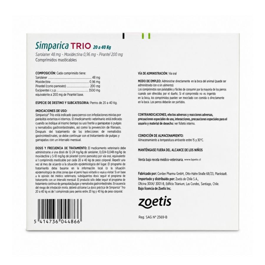 Reverso de Simparica Trio 20 a 40 kg 3 comprimidos con composición, indicaciones, dosis y Reg. SAG N° 2569-B