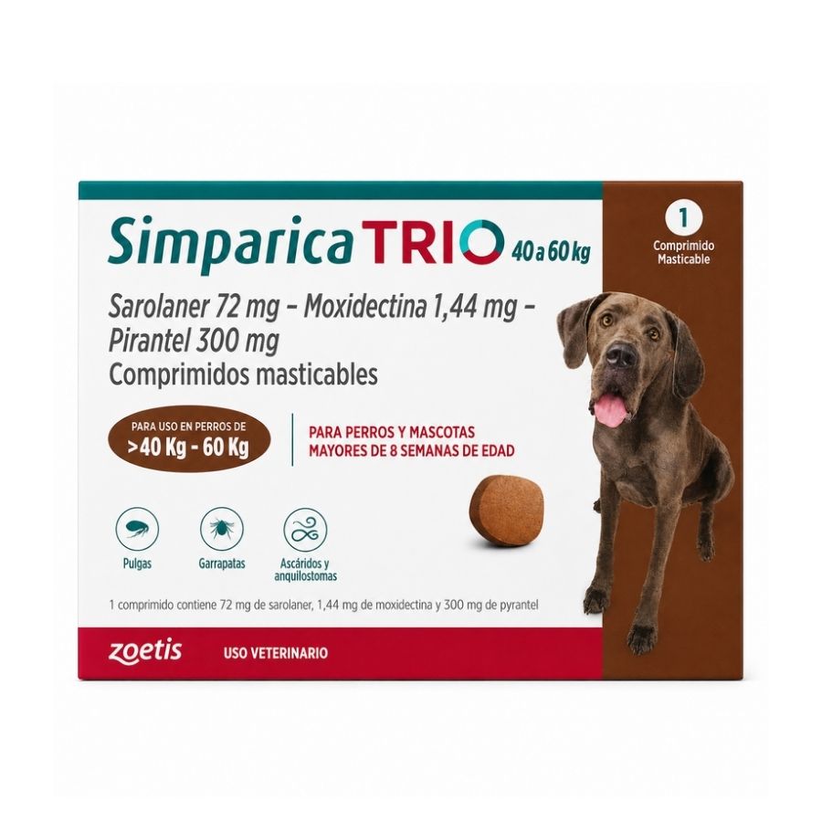 Simparica Trio 40 a 60 kg caja de 1 comprimido masticable para perros, vista frontal con perro de raza gigante
