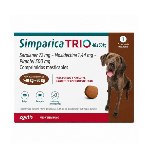 Simparica Trio 40 a 60 kg caja de 1 comprimido masticable para perros, vista frontal con perro de raza gigante