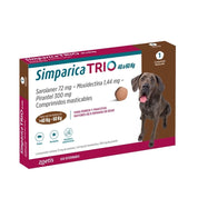 Caja de Simparica Trio 40 a 60 kg con 1 comprimido de sarolaner 72 mg, moxidectina y pirantel, en perspectiva