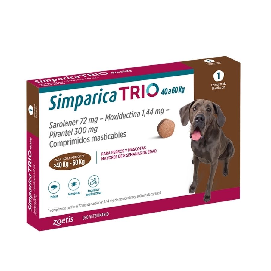 Caja de Simparica Trio 40 a 60 kg con 1 comprimido de sarolaner 72 mg, moxidectina y pirantel, en perspectiva