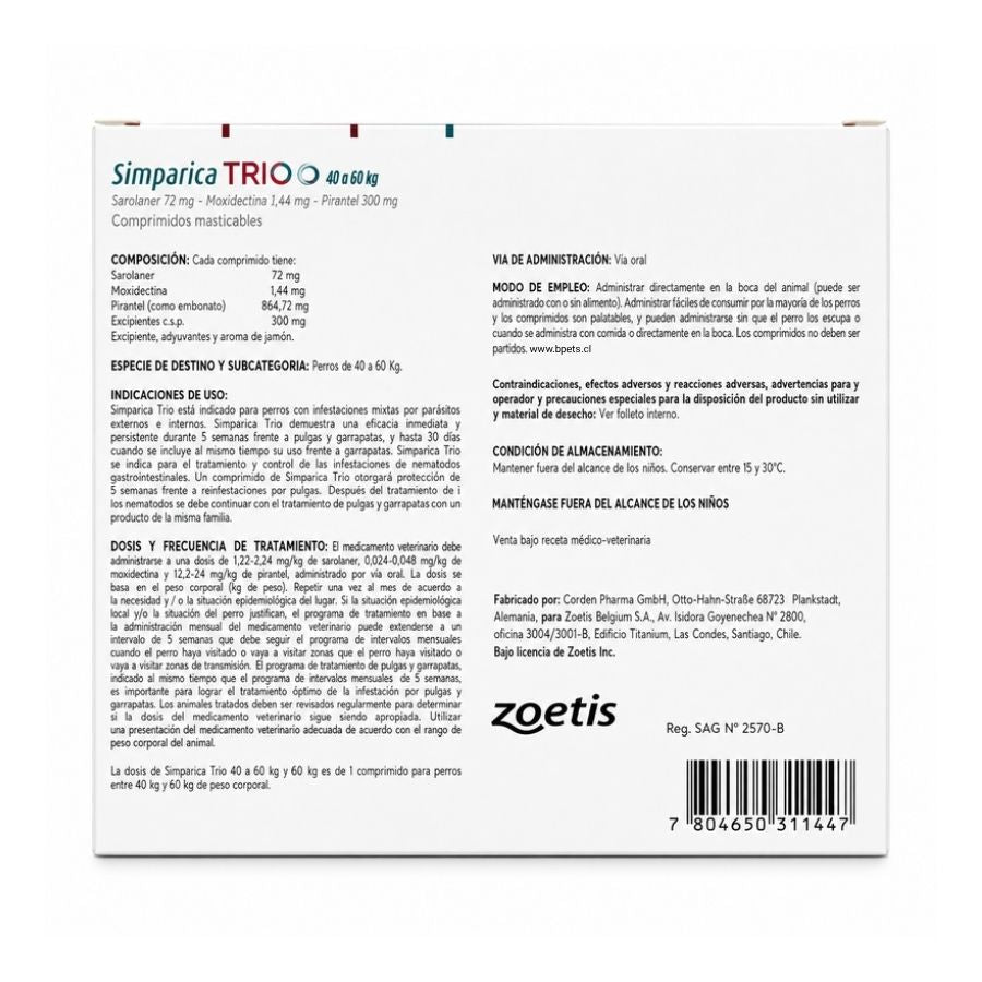 Reverso de Simparica Trio 40 a 60 kg 1 comprimido con composición, indicaciones, dosis y Reg. SAG N° 2570-B