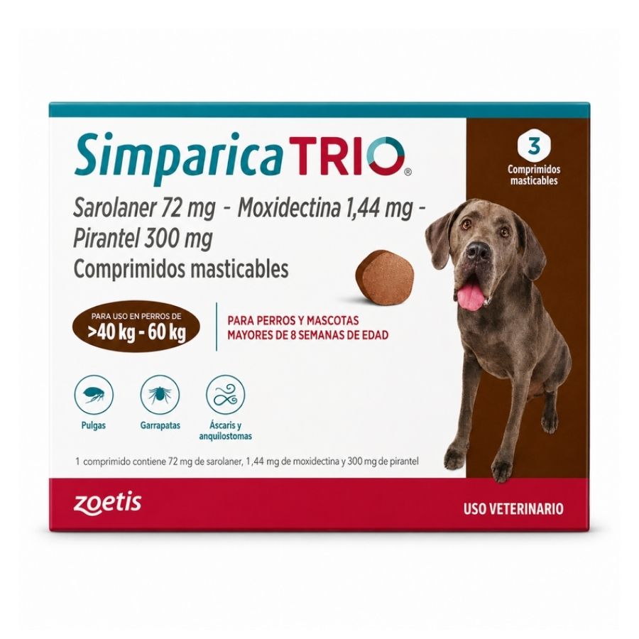 Simparica Trio 40 a 60 kg caja de 3 comprimidos masticables para perros, vista frontal