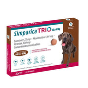 Caja de Simparica Trio 40 a 60 kg con 3 comprimidos masticables para tres meses, en perspectiva