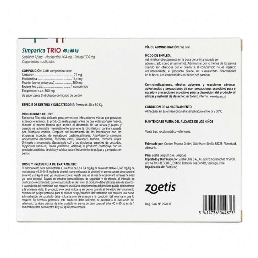Reverso de Simparica Trio 40 a 60 kg 3 comprimidos con composición, indicaciones, dosis y Reg. SAG N° 2570-B