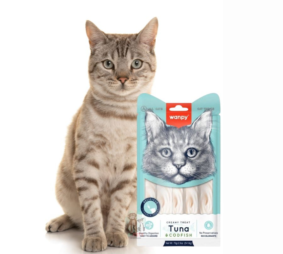 Descubre Wanpy Creamy Treat Atún & Bacalao para Gatos, un snack premium 100% natural para gatos de más de 3 meses. Textura suave, libre de granos, fácil de digerir y sin colorantes ni preservantes.