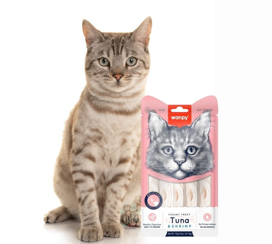 Descubre Wanpy Creamy Treat Atún & Camarón para Gatos, un snack premium 100% natural para gatos de más de 3 meses. Textura suave, libre de granos, fácil de digerir y sin colorantes ni preservantes. ¡Una recompensa saludable para tu gathijo!
