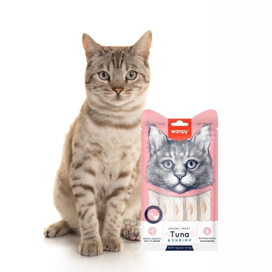 Descubre Wanpy Creamy Treat Atún & Camarón para Gatos, un snack premium 100% natural para gatos de más de 3 meses. Textura suave, libre de granos, fácil de digerir y sin colorantes ni preservantes. ¡Una recompensa saludable para tu gathijo!