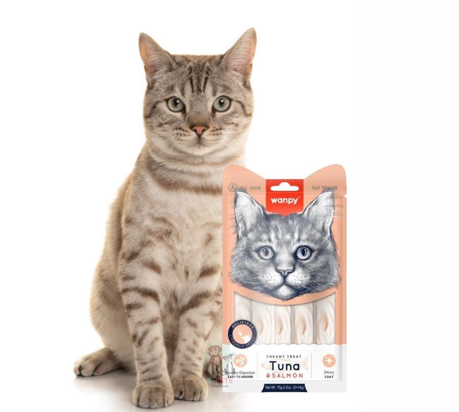 Descubre Wanpy Creamy Treat Atún & Salmón para Gatos, un snack premium 100% natural para gatos de más de 3 meses. Textura suave, libre de granos, fácil de digerir y sin colorantes ni preservantes.