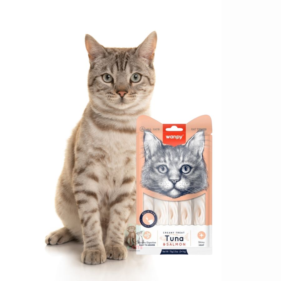Descubre Wanpy Creamy Treat Atún & Salmón para Gatos, un snack premium 100% natural para gatos de más de 3 meses. Textura suave, libre de granos, fácil de digerir y sin colorantes ni preservantes.
