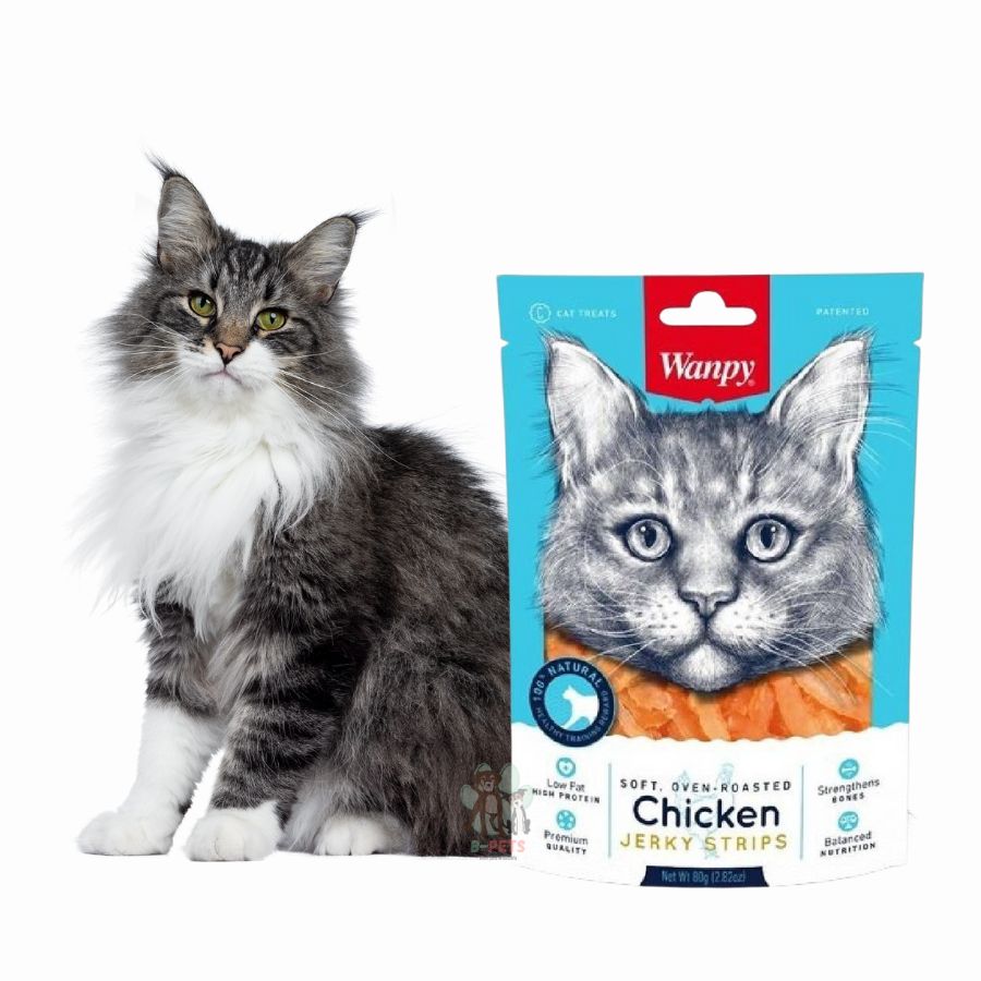 Descubre Wanpy Soft Chicken Jerky Strips para Gatos, un snack premium 100% natural para gatos de todas las edades. Textura suave, bajo en grasas, y rico en proteínas.