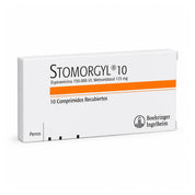 Vista tres cuartos de la caja de Stomorgyl 10, antibiótico para perros con 10 comprimidos recubiertos