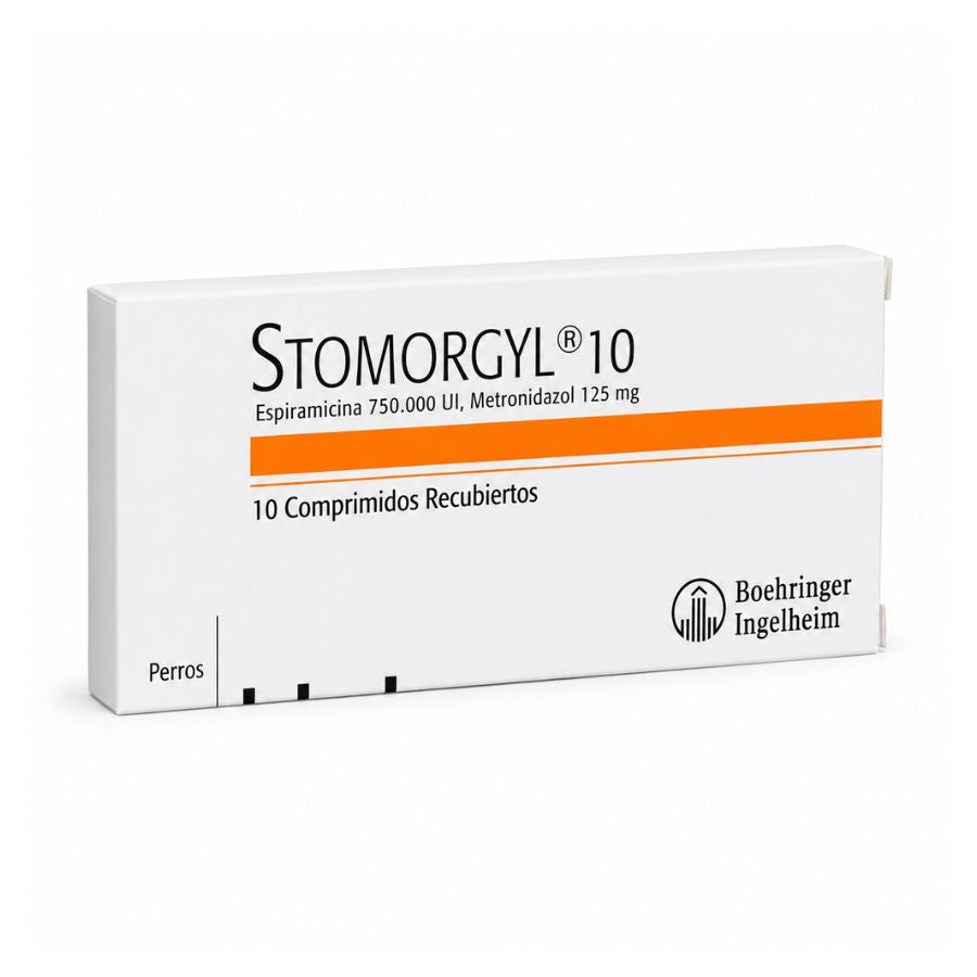 Vista tres cuartos de la caja de Stomorgyl 10, antibiótico para perros con 10 comprimidos recubiertos