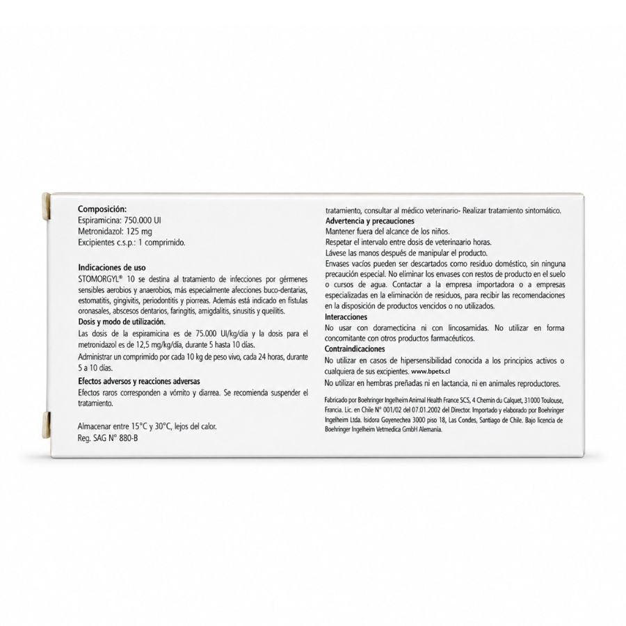 Reverso de Stomorgyl 10 con composición, indicaciones, dosis y registro SAG N° 880-B, antibiótico para perros