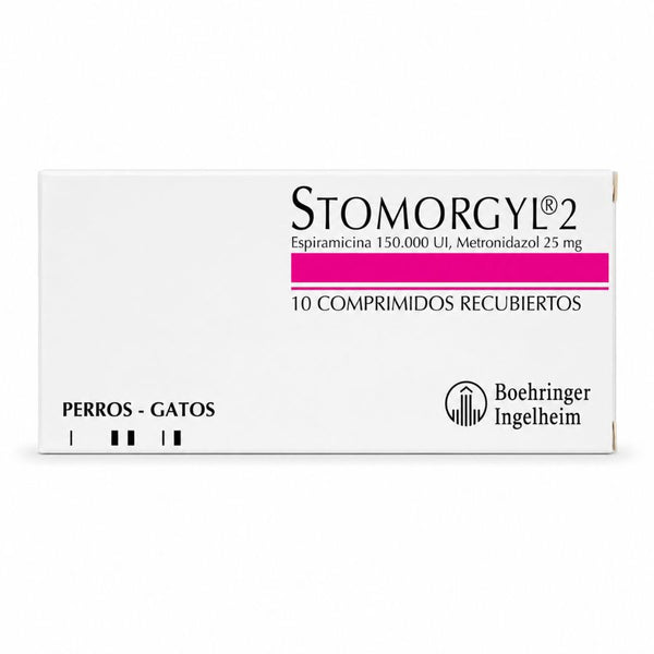 Caja frontal de Stomorgyl 2, antibiótico oral para perros y gatos con espiramicina y metronidazol, 10 comprimidos