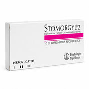Vista tres cuartos de la caja de Stomorgyl 2 para perros y gatos, con 10 comprimidos recubiertos