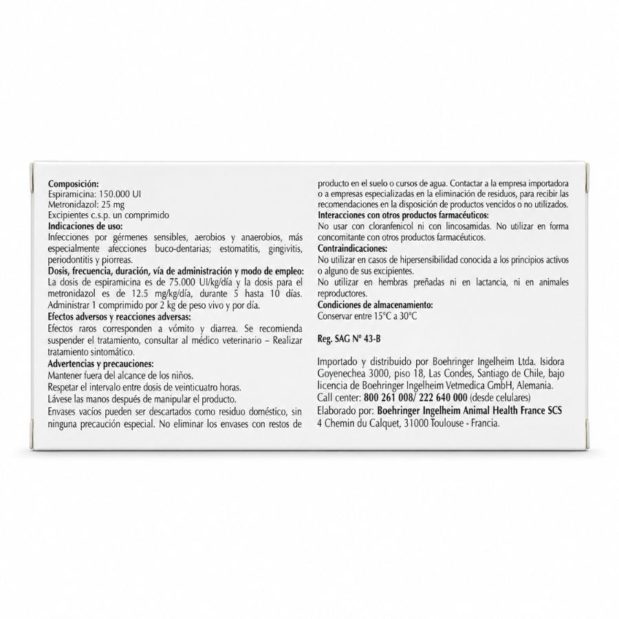 Reverso de Stomorgyl 2 con composición, indicaciones, dosis y registro SAG N° 43-B, antibiótico para perros y gatos