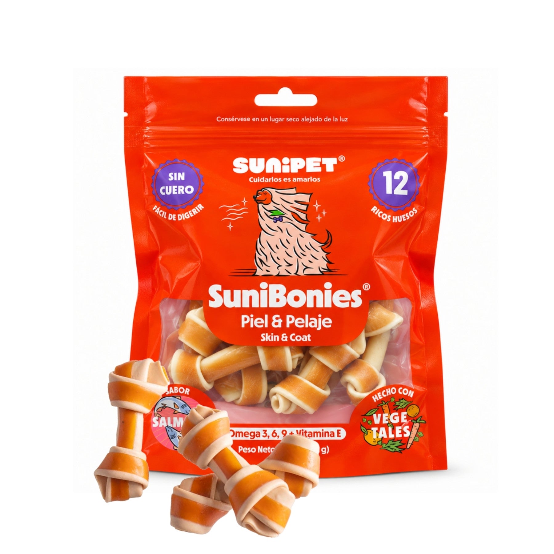 Bolsa de SuniBonies Piel y Pelaje junto a los huesitos masticables sabor salmón hechos a base de vegetales