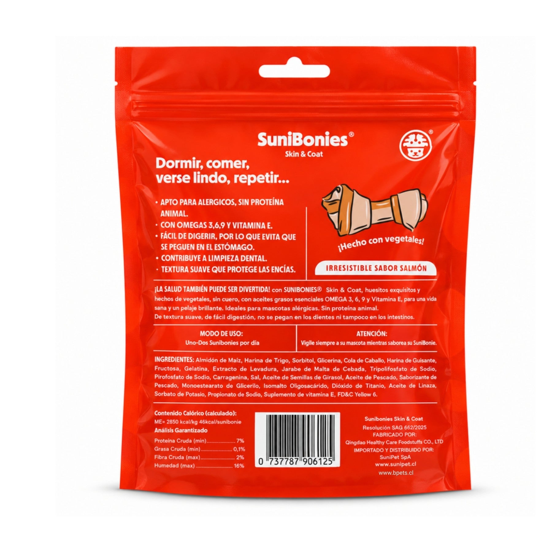 Reverso del envase de SuniBonies Piel y Pelaje con beneficios, ingredientes, modo de uso y análisis garantizado