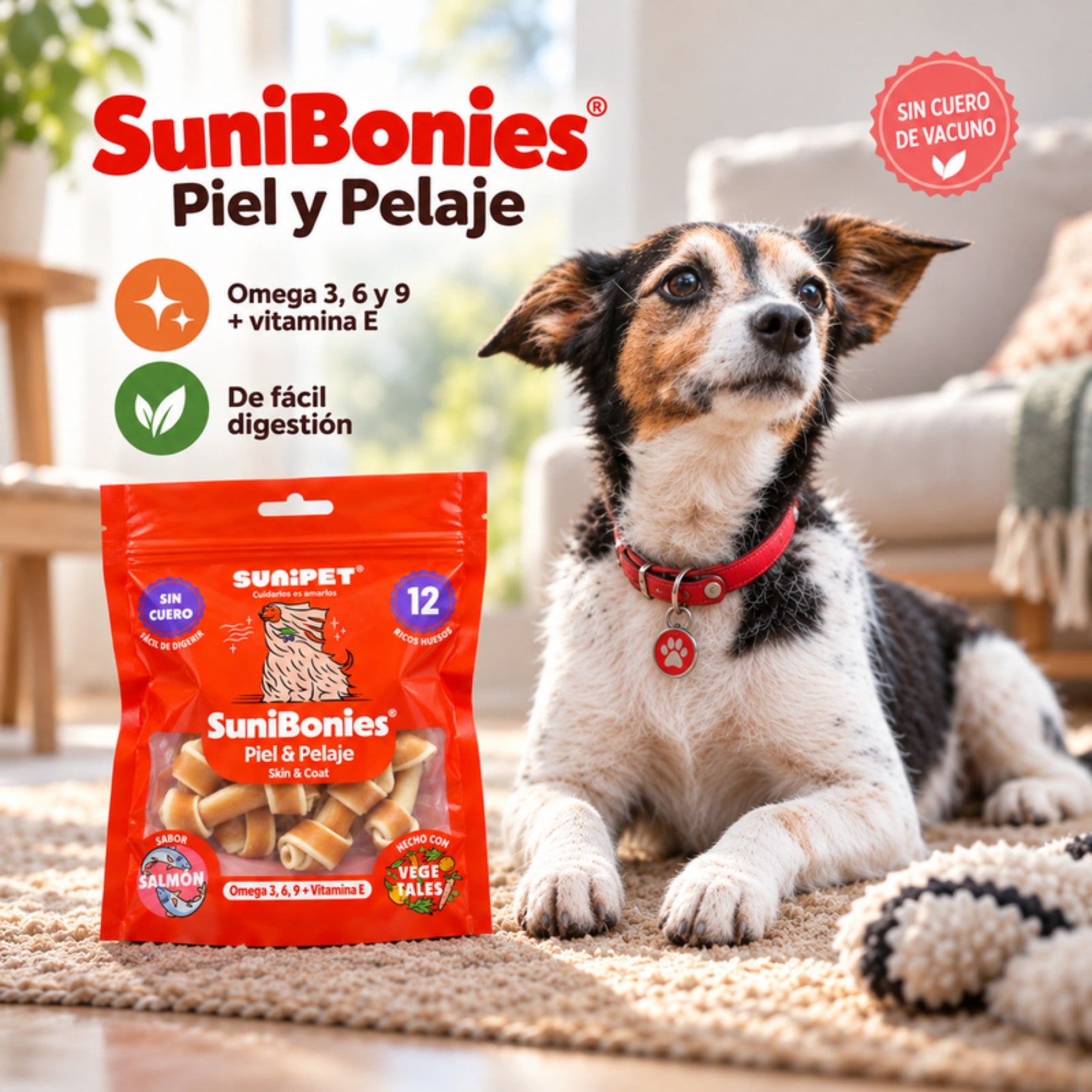 Infografía de SuniBonies Piel y Pelaje junto a un perro pequeño: omega 3, 6 y 9 + vitamina E, fácil digestión, sin cuero
