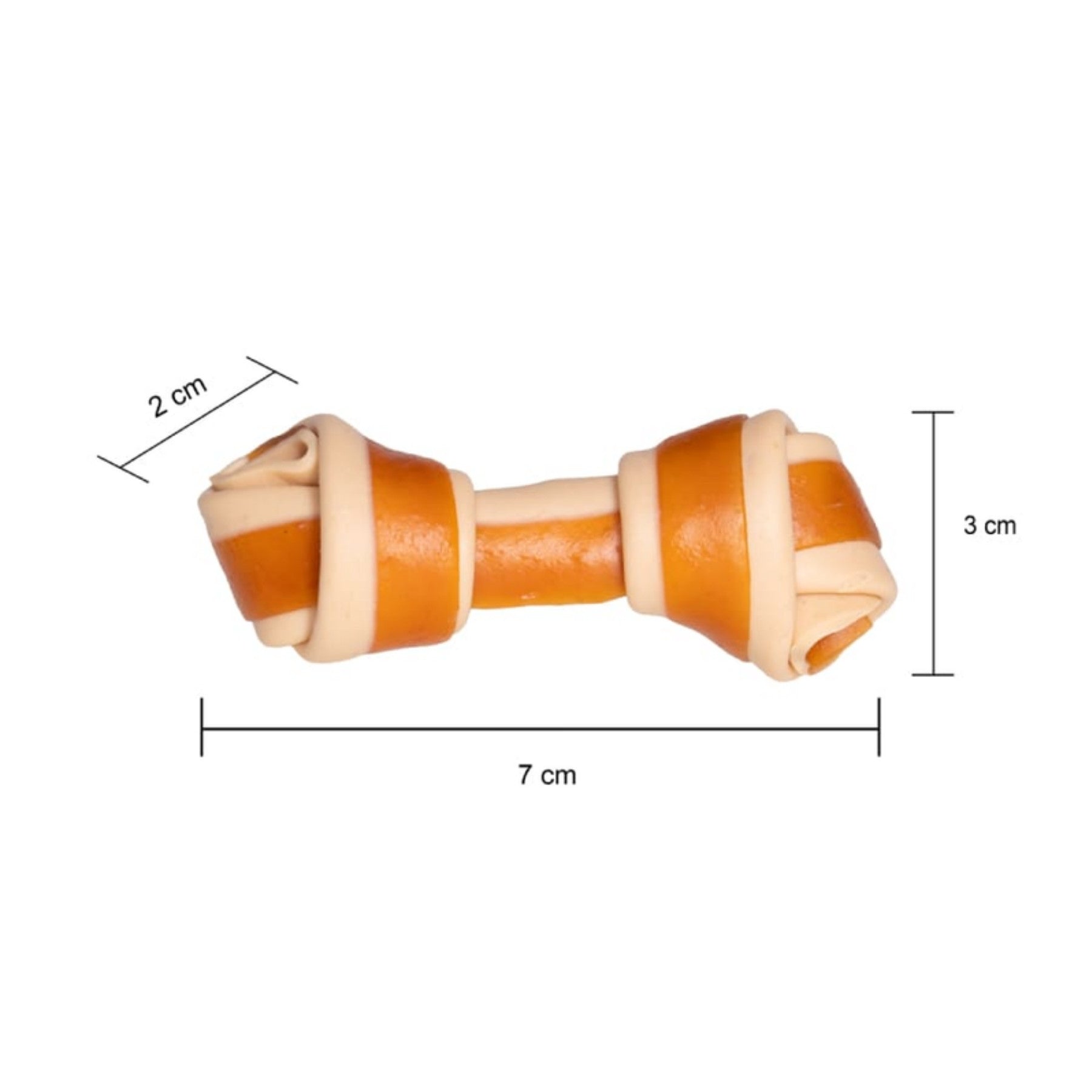 Medidas del huesito masticable SuniBonies para perros: 7 cm de largo, 3 cm de alto y 2 cm de ancho