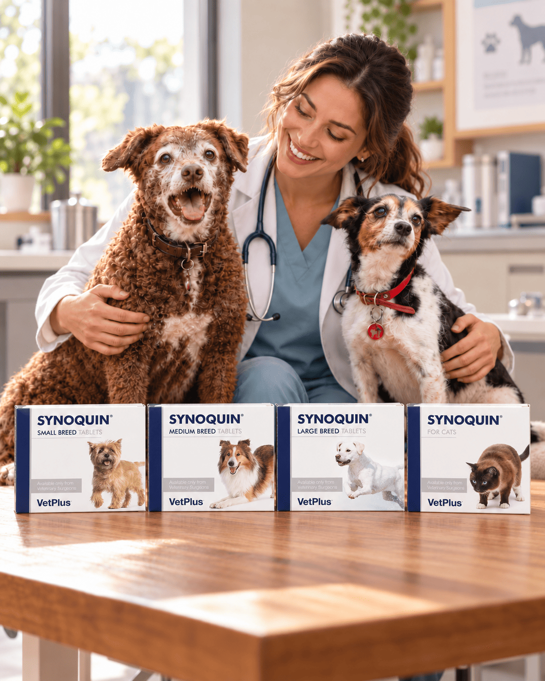 Veterinaria sonriente con dos perros y las cuatro cajas de Synoquin de VetPlus: razas pequeñas, medianas, grandes y gatos