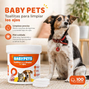 Perro junto al pote Baby Pets con toallitas circulares y beneficios: limpieza precisa y piel cuidada