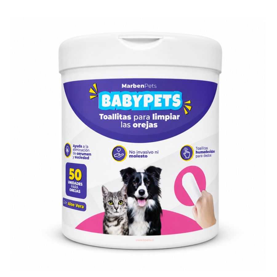 Toallitas para limpiar las orejas Baby Pets de Marben Pets, pote de 50 unidades con aloe vera, vista frontal