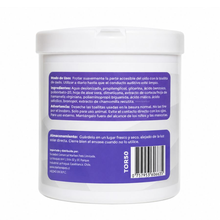 Reverso del pote Baby Pets para orejas con modo de uso, ingredientes con ácido salicílico, advertencias y almacenamiento