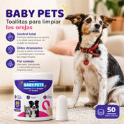 Perro junto al pote Baby Pets con toallita de dedo para orejas y beneficios: control total y oídos despejados