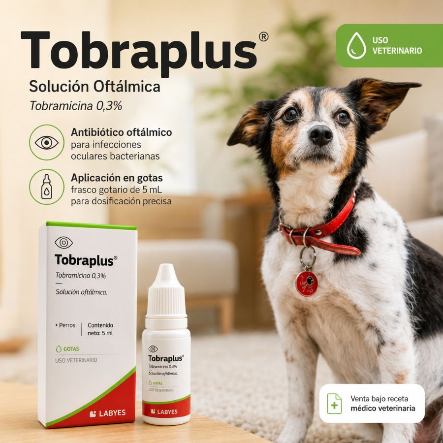 Perro junto a la caja y el frasco de Tobraplus para perros, antibiótico oftálmico de tobramicina, venta bajo receta