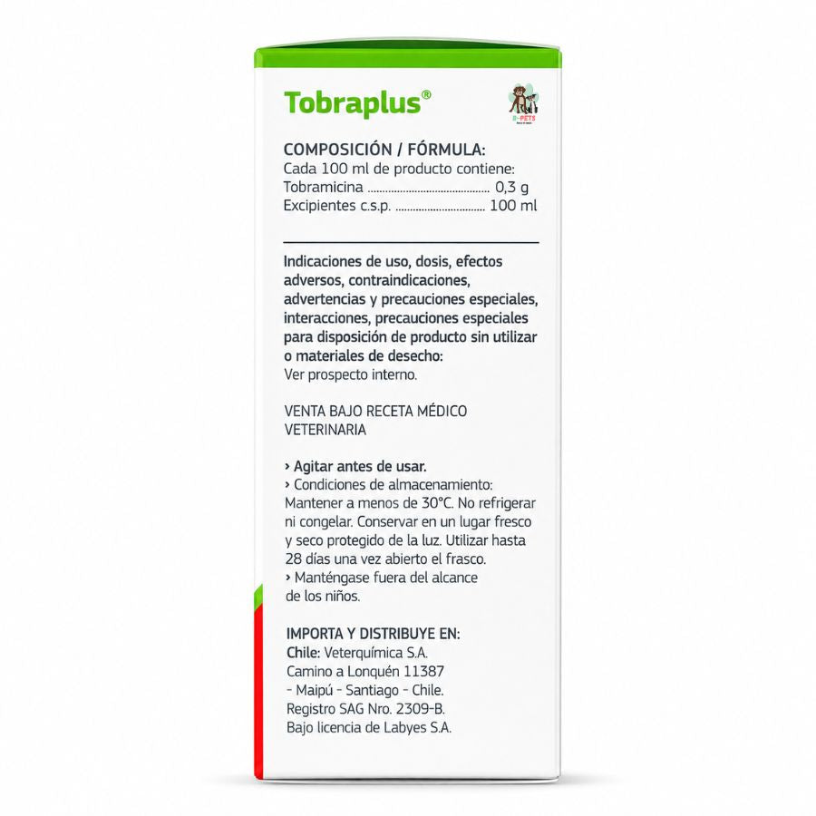 Reverso de la caja de Tobraplus para perros con composición de tobramicina, registro SAG 2309-B y venta bajo receta