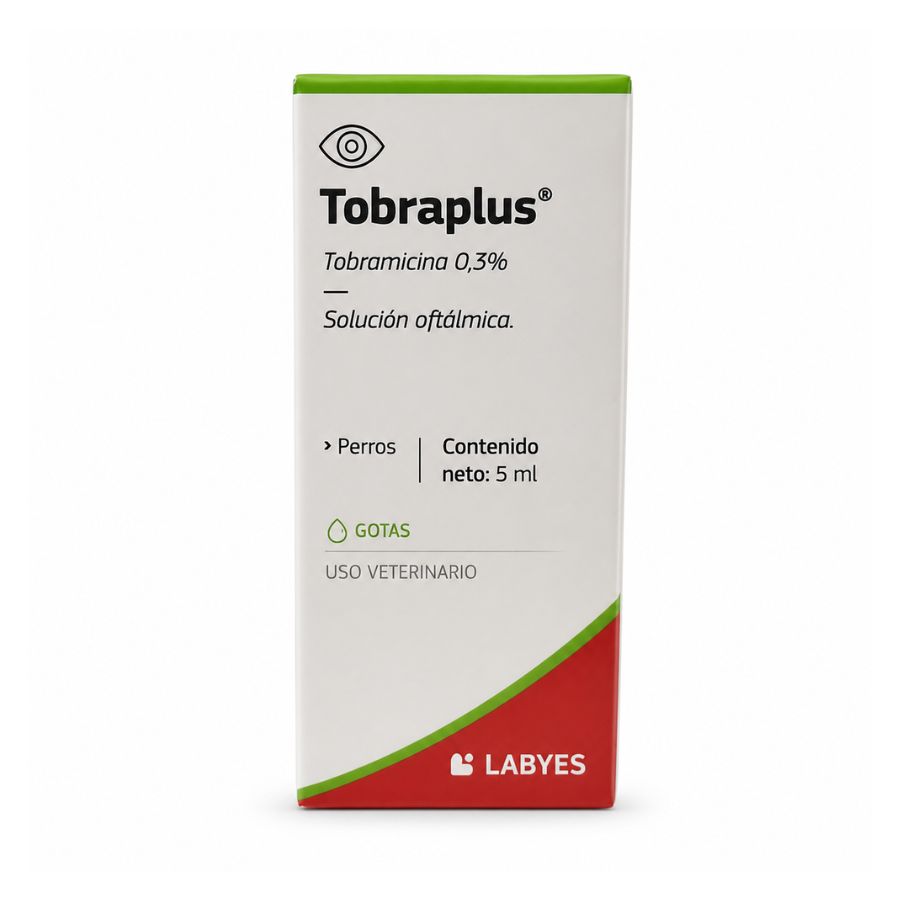 Caja de Tobraplus solución oftálmica para perros, tobramicina 0,3%, frasco 5 ml, vista frontal