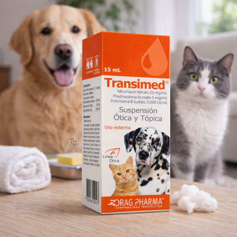 Golden retriever y gato junto a la caja de Transimed, medicamento ótico y tópico para perros y gatos