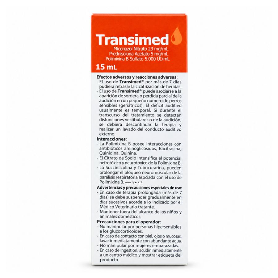 Panel lateral de Transimed con efectos adversos, interacciones y precauciones de uso del medicamento