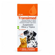 Frente del envase chileno de Transimed 15 mL, suspensión ótica y tópica de Drag Pharma para perros y gatos