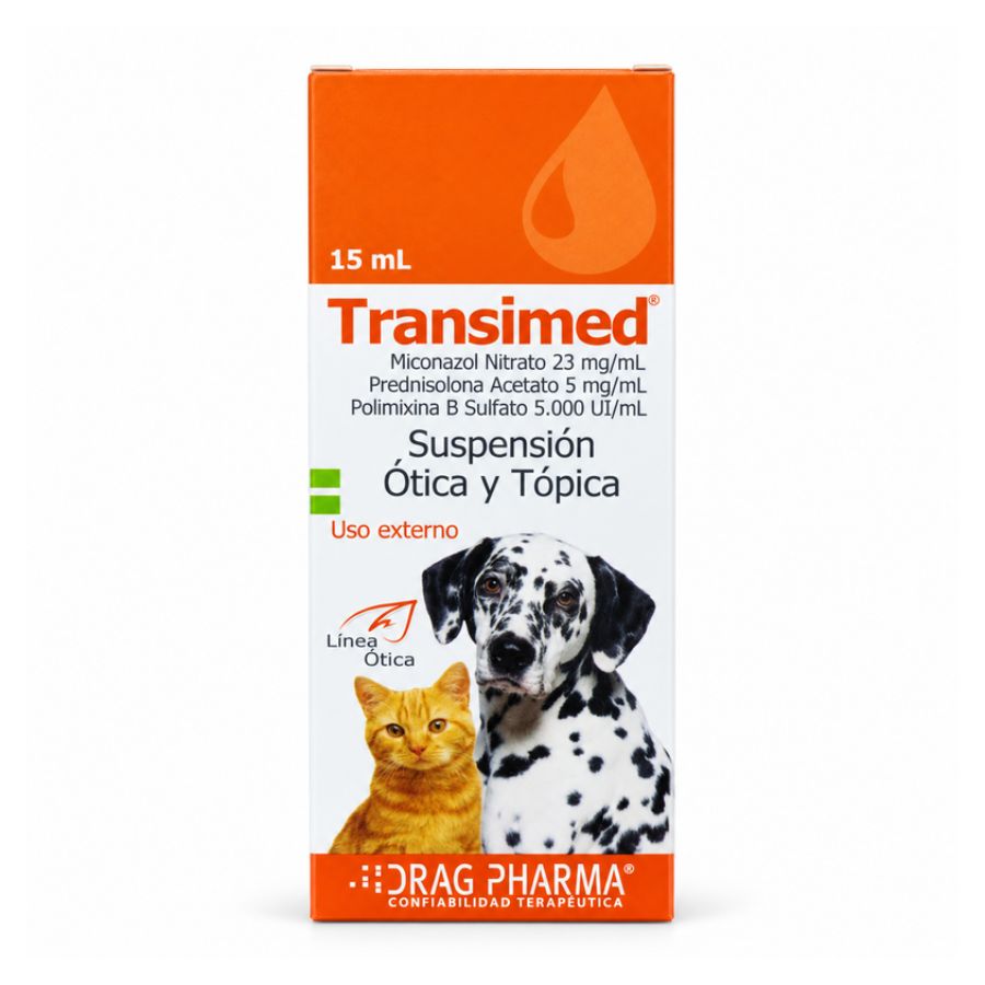 Frente del envase chileno de Transimed 15 mL, suspensión ótica y tópica de Drag Pharma para perros y gatos