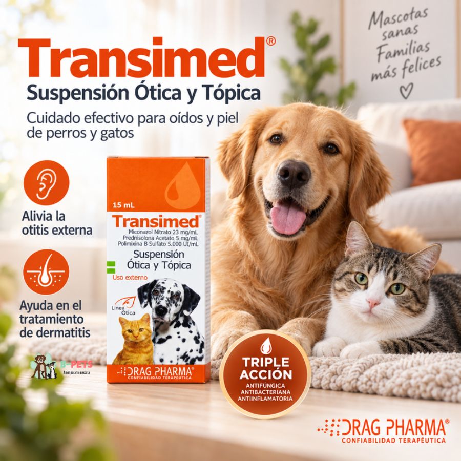 Gráfica de Transimed Suspensión Ótica y Tópica con cachorro golden retriever y gato