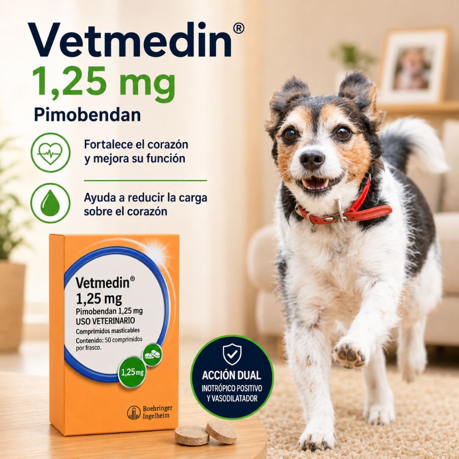 Beneficios de Vetmedin 1,25 mg junto a un perro pequeño: fortalece el corazón y reduce su carga, acción dual
