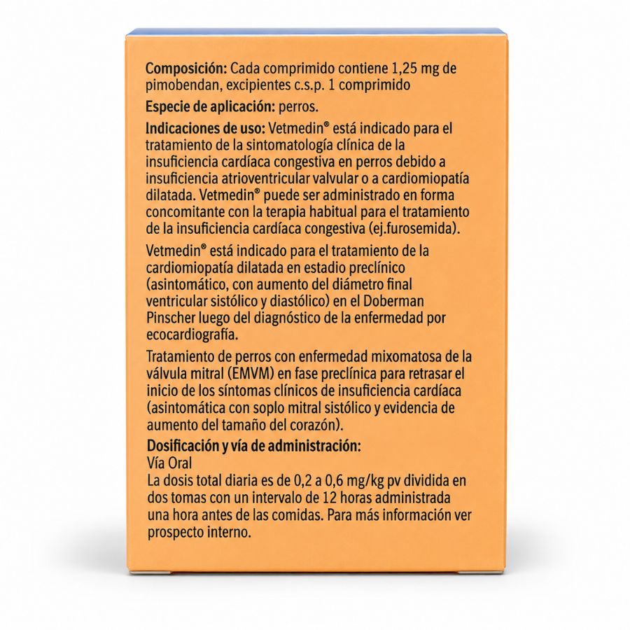 Composición e indicaciones de Vetmedin 1,25 mg: 1,25 mg de pimobendán por comprimido para insuficiencia cardíaca en perros