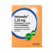 Vetmedin 1,25 mg pimobendán, caja de 50 comprimidos masticables para perros pequeños, vista frontal