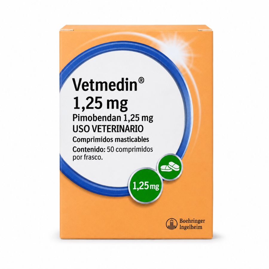 Vetmedin 1,25 mg pimobendán, caja de 50 comprimidos masticables para perros pequeños, vista frontal